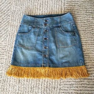 Vintage Buckle Denim Fringe Skirt
